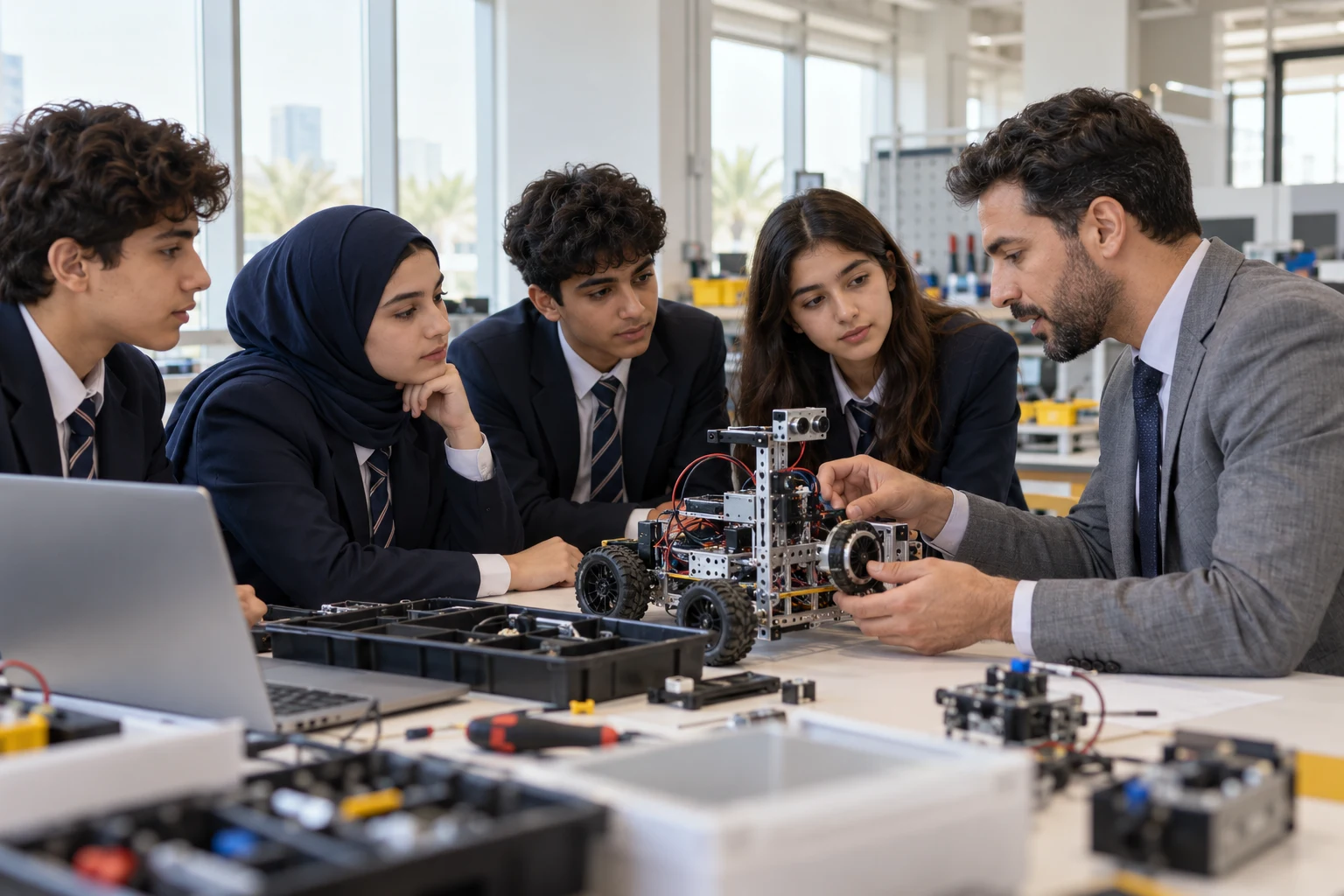 Illustrative robotics workshop with an instructor and pupils