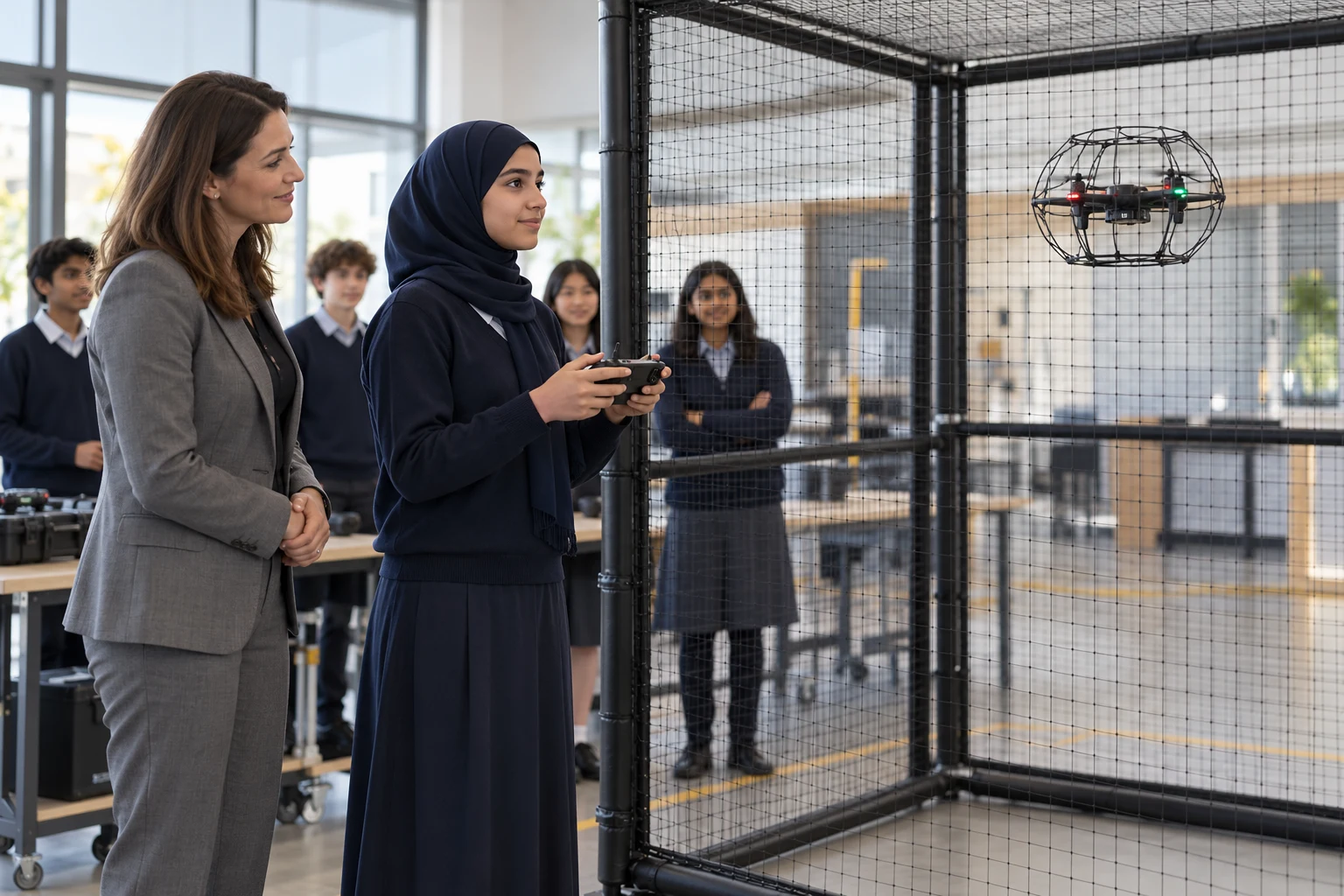 Illustrative supervised school drone lesson in a safety cage